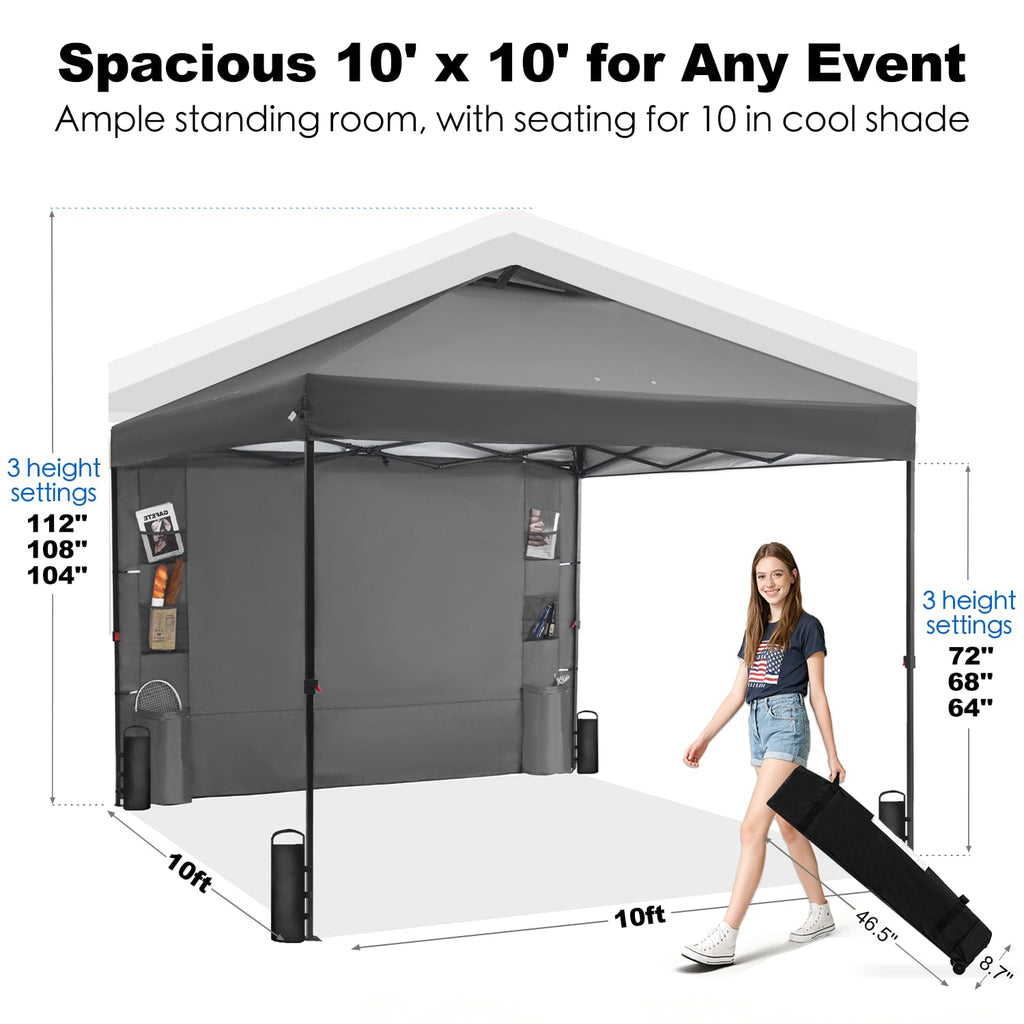 Pop Up Canopy Tent Outdoor Sidewall One Push (Gray, 10X10)