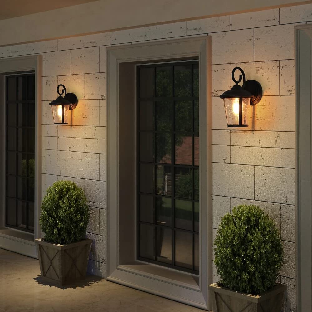 Black Outdoor Wall Light, Farmhouse Exterior Light Fixture Wall Mounted Sconce, Seeded Glass Outdoor Porch Lights