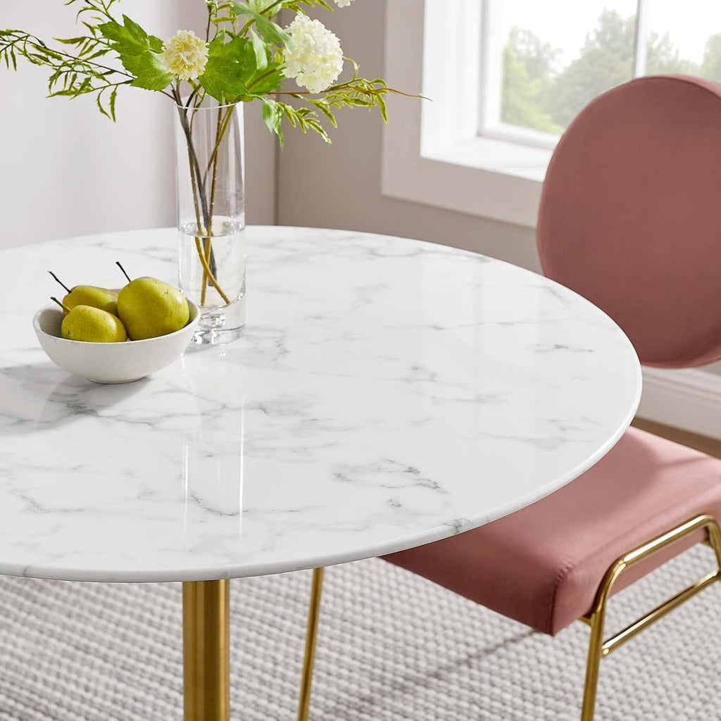 Lippa 36" Mid-Century Dining Table with Round Artificial Marble Top in Gold White