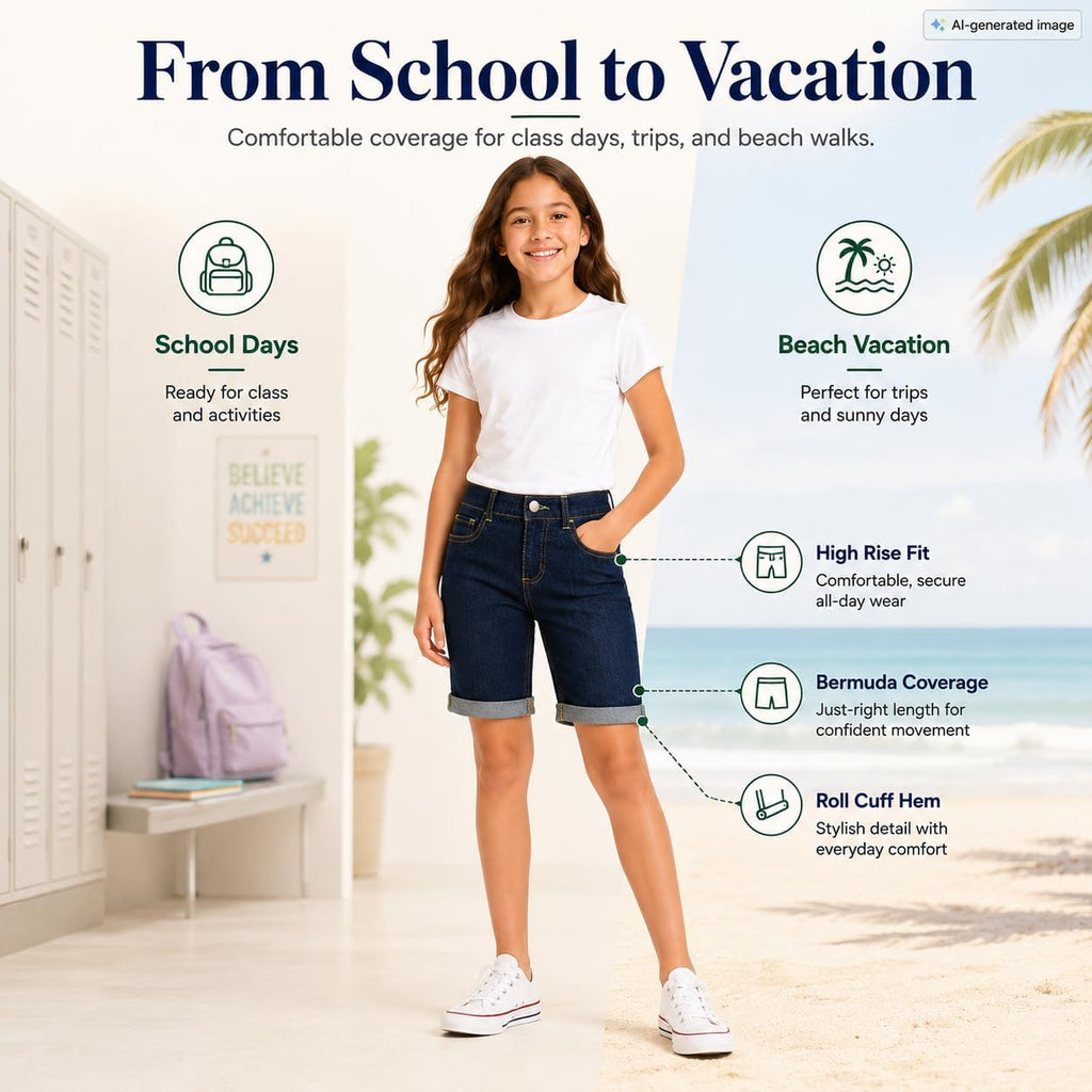 Girls Adjustable Denim Shorts: Stretch Jeans Bermuda