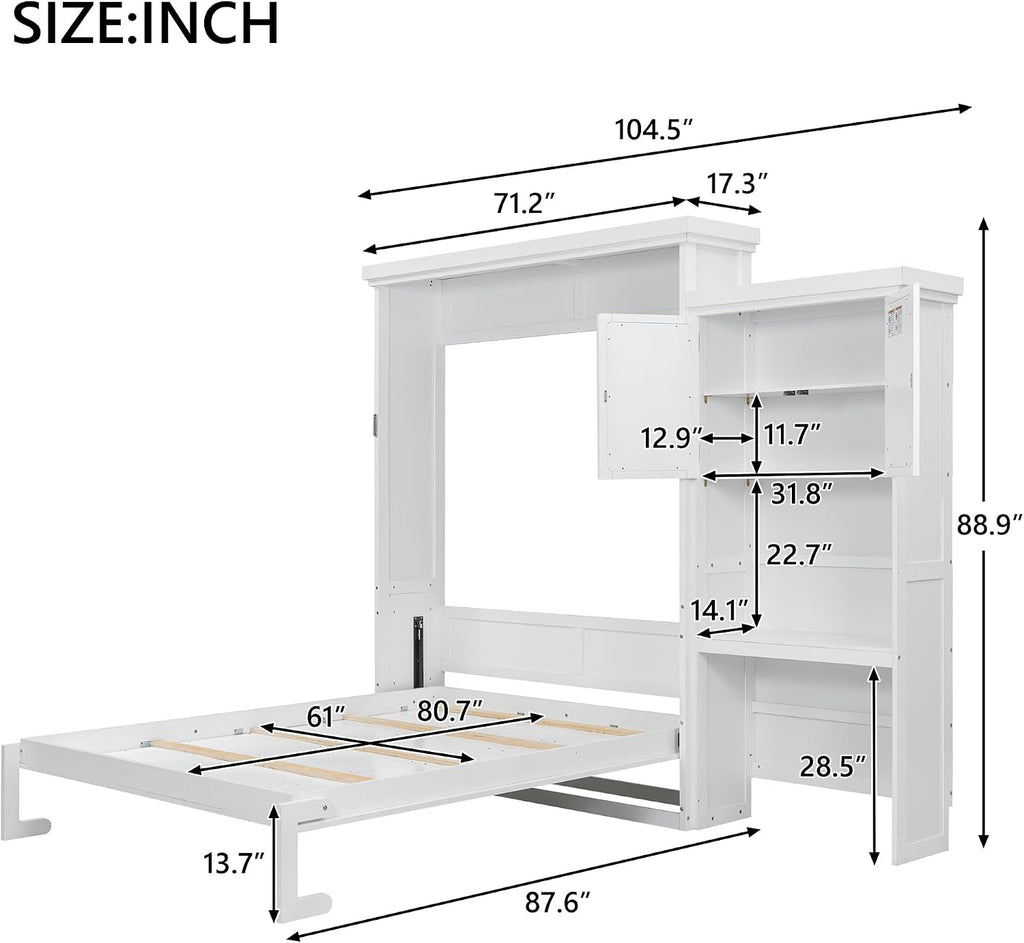 Queen Farmhouse Murphy Bed with Storage Cabinet and Shelves, Wooden Hidden Foldable Wall Bed Frame, Murphy Wall Bed