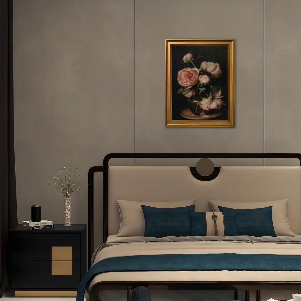 Gold Framed Vintage Floral Still Life Painting Moody Pink Peony Wall Art Canvas Print Dark Academia Flower Peonies