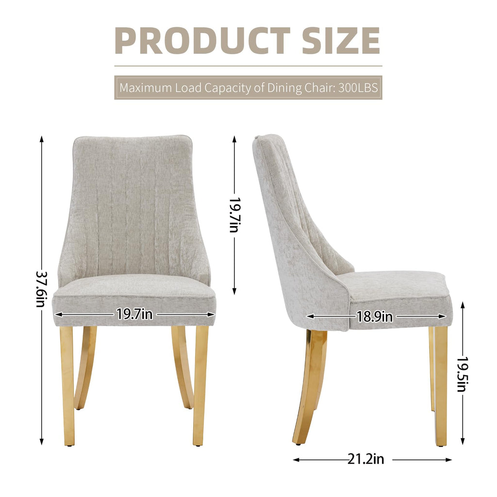 Beige Upholstered Set of 2, Channel Tufted, Gold Metal Legs