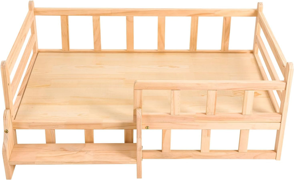 Pine Wood Pet Bed with Staircase, Wooden Dog Bed Frame w/Surrounding Fence, Elevated Dog Bed for Dogs Cats, Load 66lbs