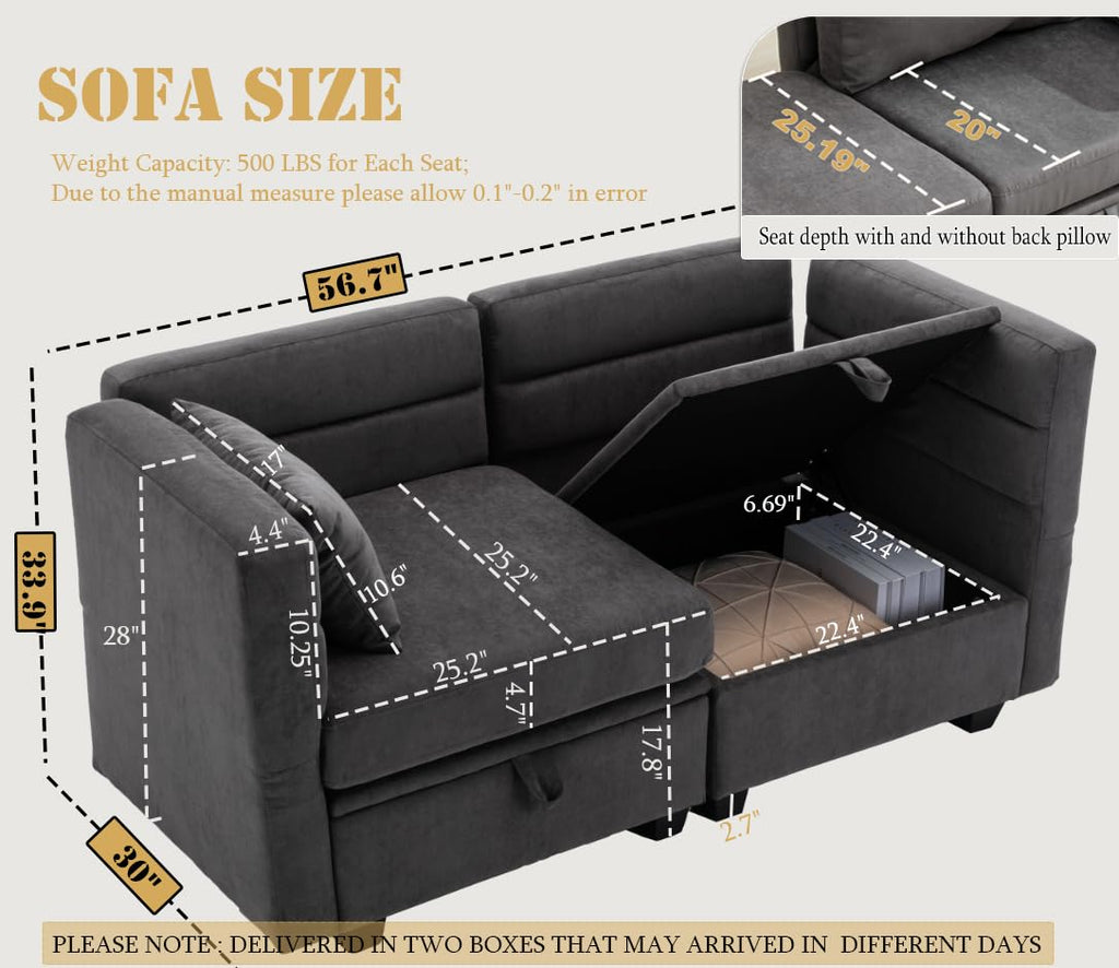 Loveseat with Storage Seats Modular Sectional Small Couch for Small Spaces with Reclining Arms and Backs 2 Seater
