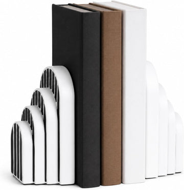 Modern Striped Arch Bookends Set of 2 Resin Black White Geometric Shelf | Stylish modern striped arch bookends