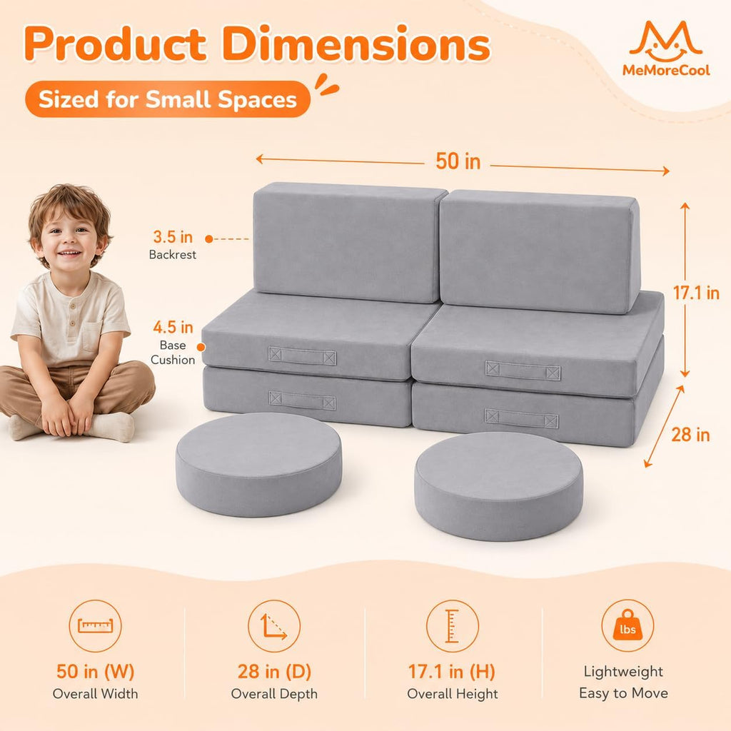 Kids Couch, Light Grey Modular Foam Play Couch, Ages 3+