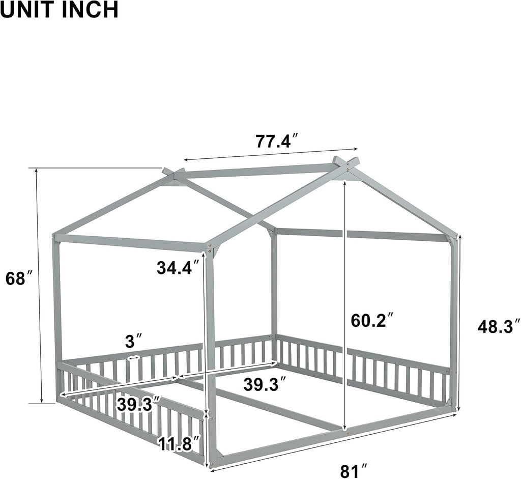 Double Tw Floor Bed for 2 Kids with Guardrails, Grey