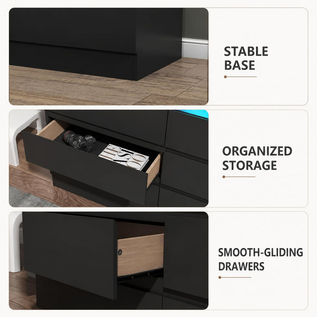9 Drawer Black Dresser with LED Lights & Power Outlet
