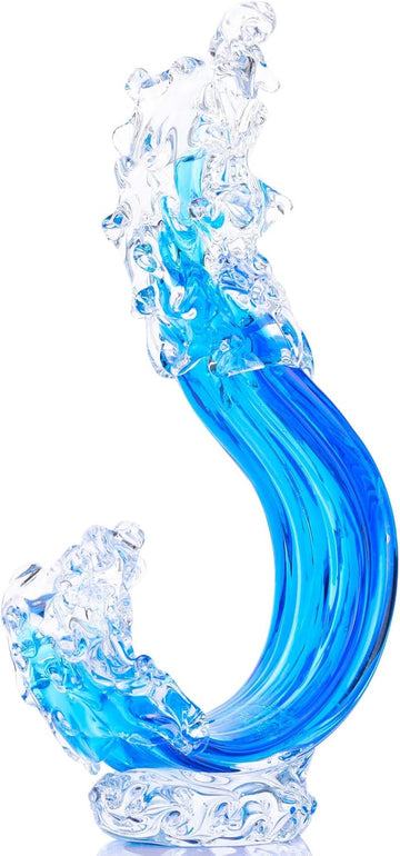 Blue Hand Blown Glass Ocean Wave Statue,Fused Sea Glass Art Decor,Abstract Wave Sculpture Ornament,Coastal Nautical