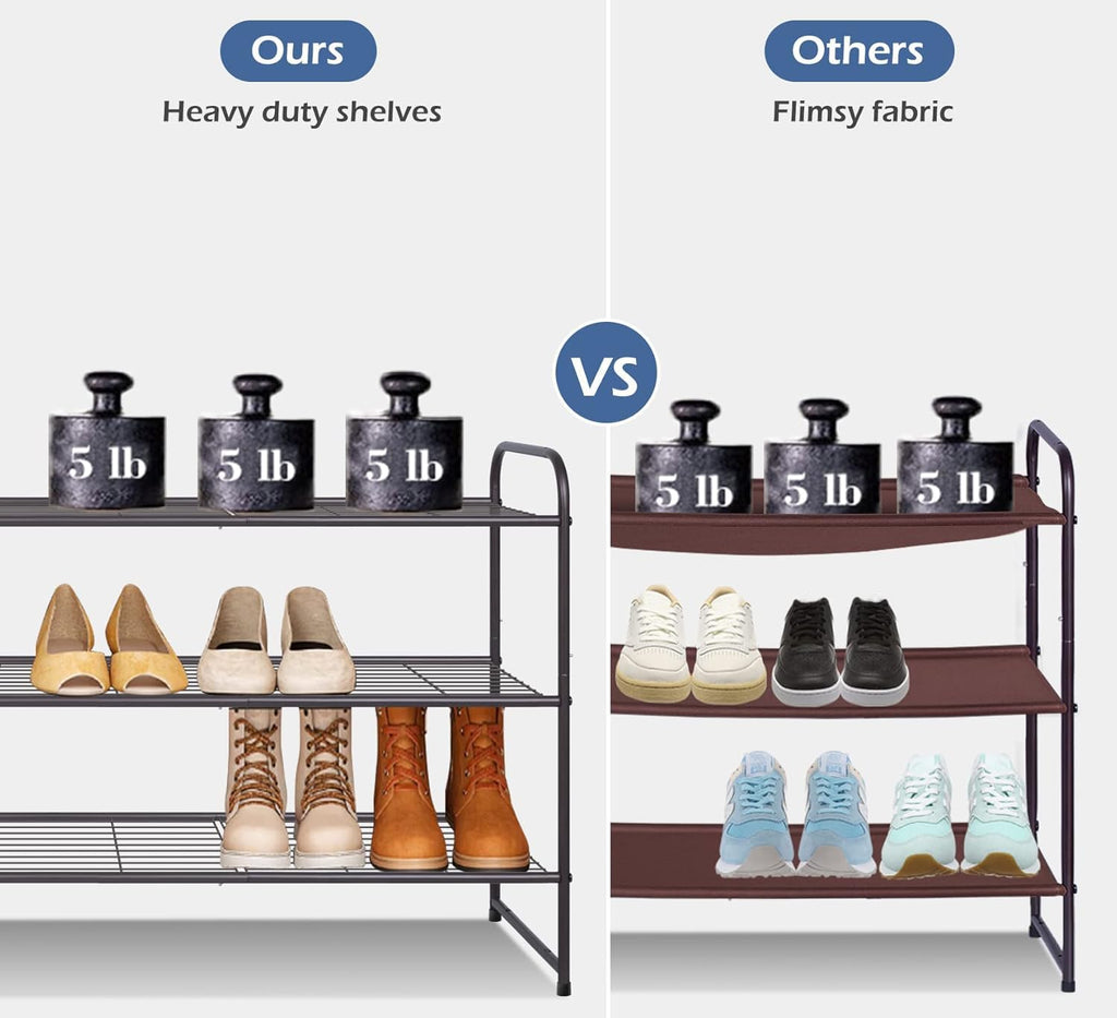 Long 3 Tier Shoe Rack for Closet Wide Shoe Storage Organizer Stackable Metal Shoe Shelf for 24 Pairs Men Sneakers
