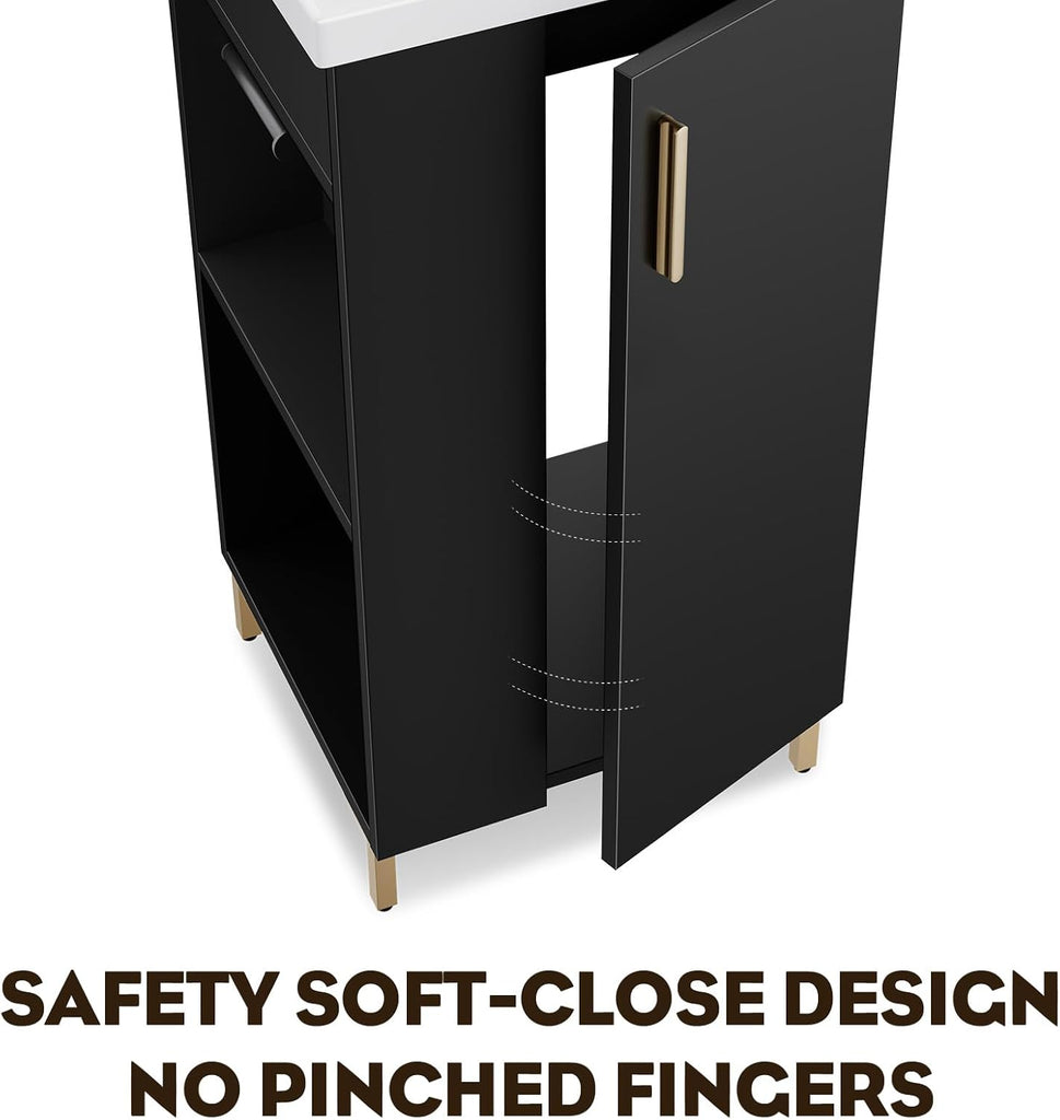16-Inch Freestanding Bathroom Vanity with Sink – Black Cabinet with Ceramic Sink, Soft-Close Door and Side Storage