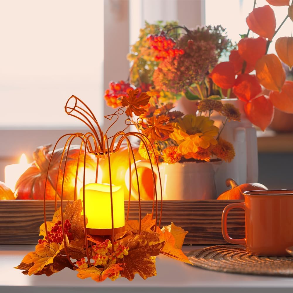Thanksgiving Decorations,Fall Pumpkin Lanterns Decorative Indoor & Outdoor,Orange Wrought Iron Pumpkin Shape Tealight