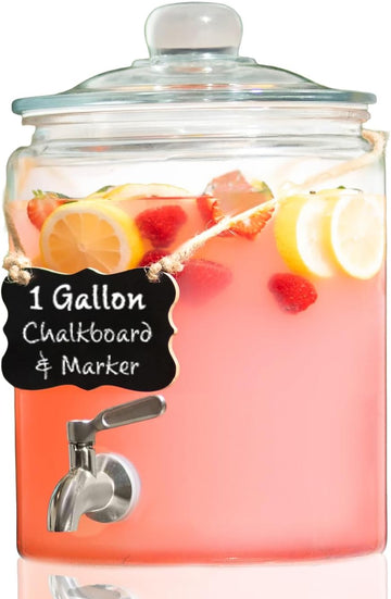 1 Gallon Beverage Dispenser with Stainless Steel Spigot + Marker & Chalkboard 100% Leakproof Glass Drink Dispenser