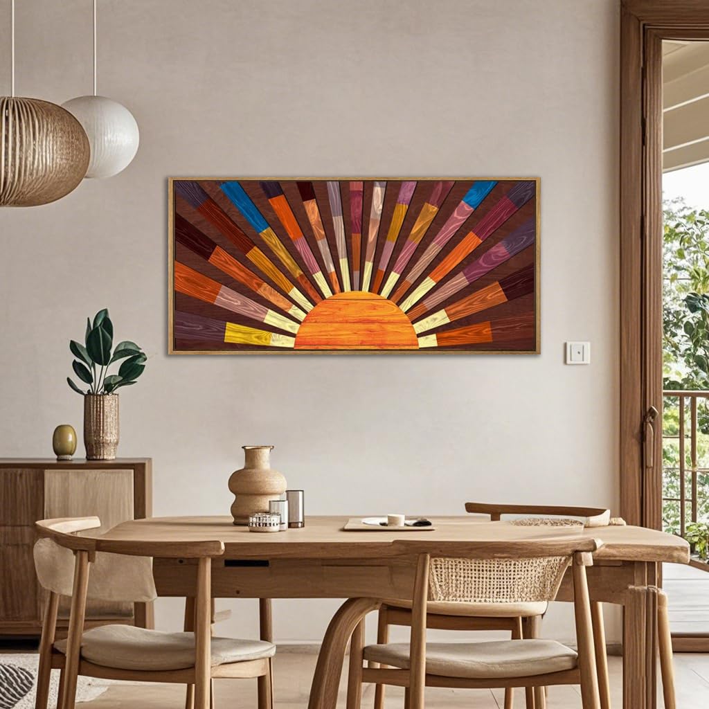 Extra Large Wood Sun Framed Wall Art 20x40 Inch Boho Sunrise 3D Geometric Wall Decor Mid century Sunshine Painting