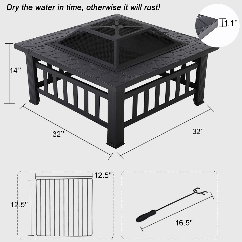 32'' Outdoor Fire Pit Metal Square Firepit Patio Stove Wood Burning for Backyard Garden Camping Picnic Bonfire with