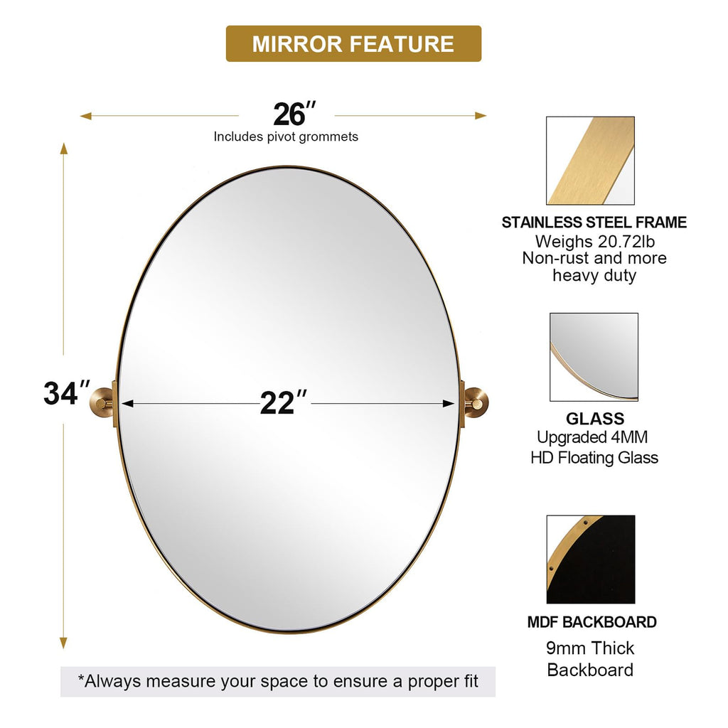 Gold Bathroom, 22" x 34" Tilting Vanity Oval for Wall, Brushed Gold Stainless Steel Metal Frame Pivot Hangs