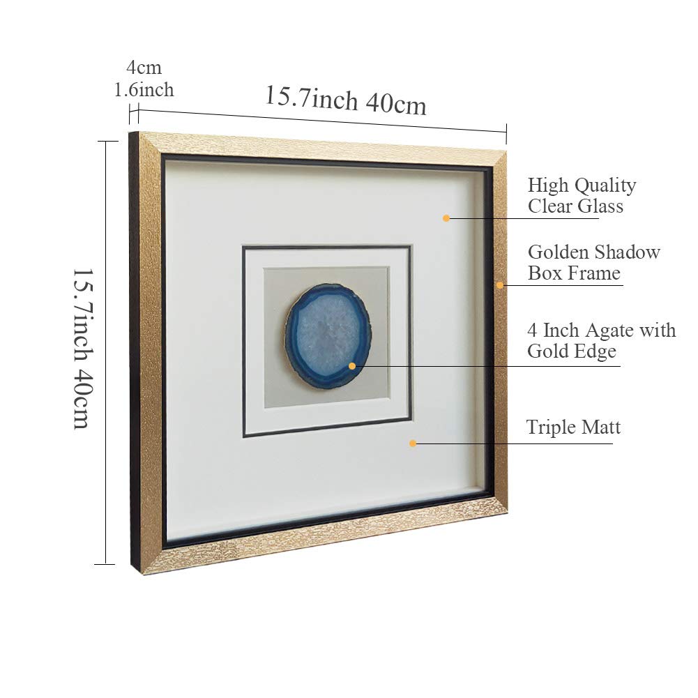 Handmade 40x40cm Gold Edge Agate Stone Wall Art with Shadow Box Framed Front Glass for Modern Living Room Bedroom