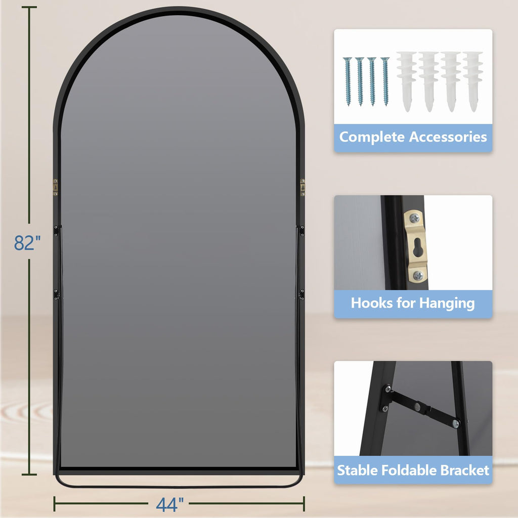 Oversized Arched Full Length Mirror with Stand, 82"X44", Black
