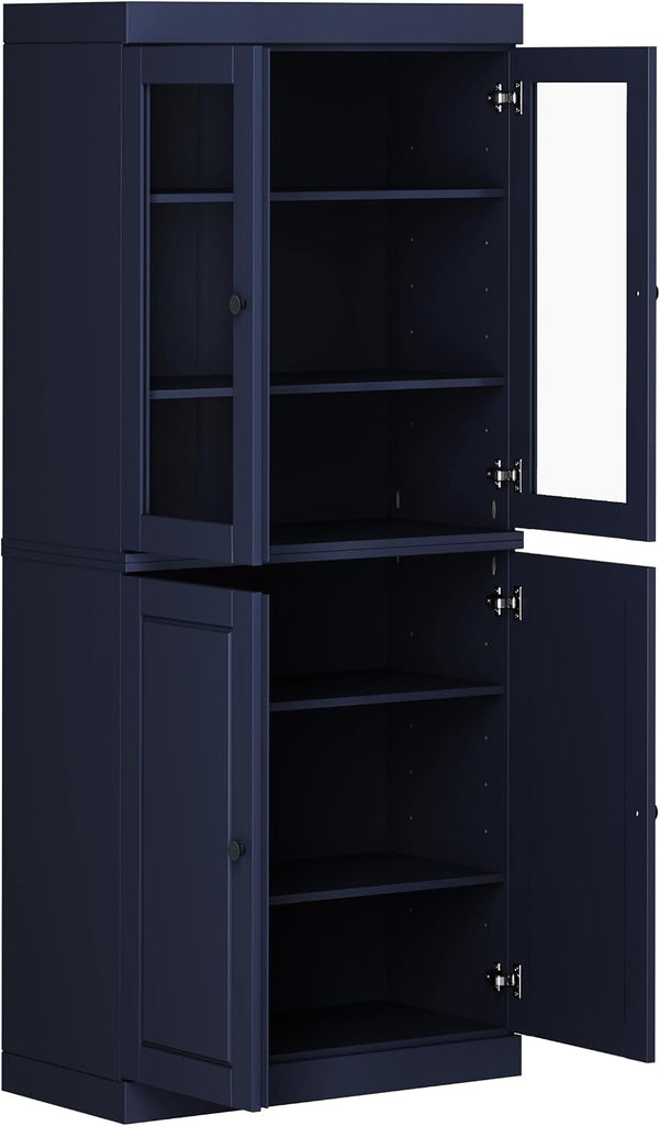 Solid Wood Bookcase - 6-Tier Bookshelf, 71.5" H x 32" W - Navy Blue, Clear Glass Doors & Storage Cabinet, Tall