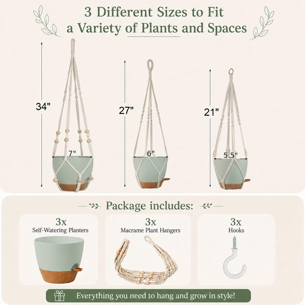 Self Watering Hanging Planters for Indoor Plants 3 Pack Macrame Plant Hangers with Drainage Holes Pots and Hooks