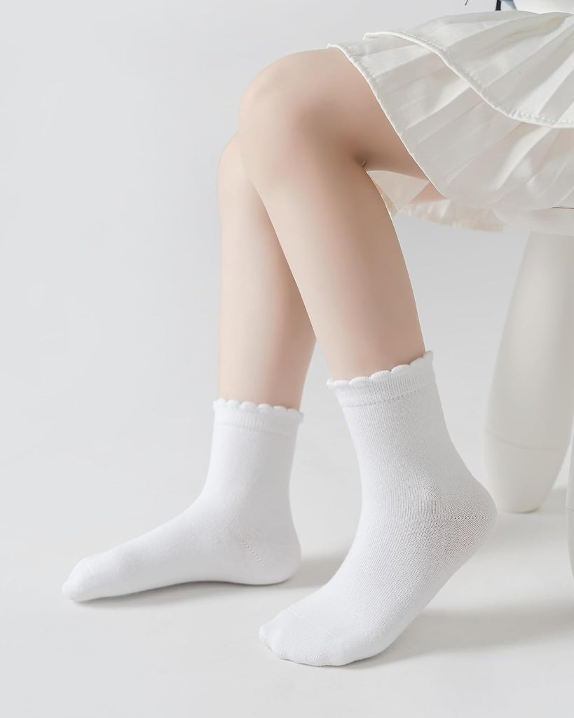 Girls Ruffle White School Uniform Socks Crew Scallop Dress Kid Sock