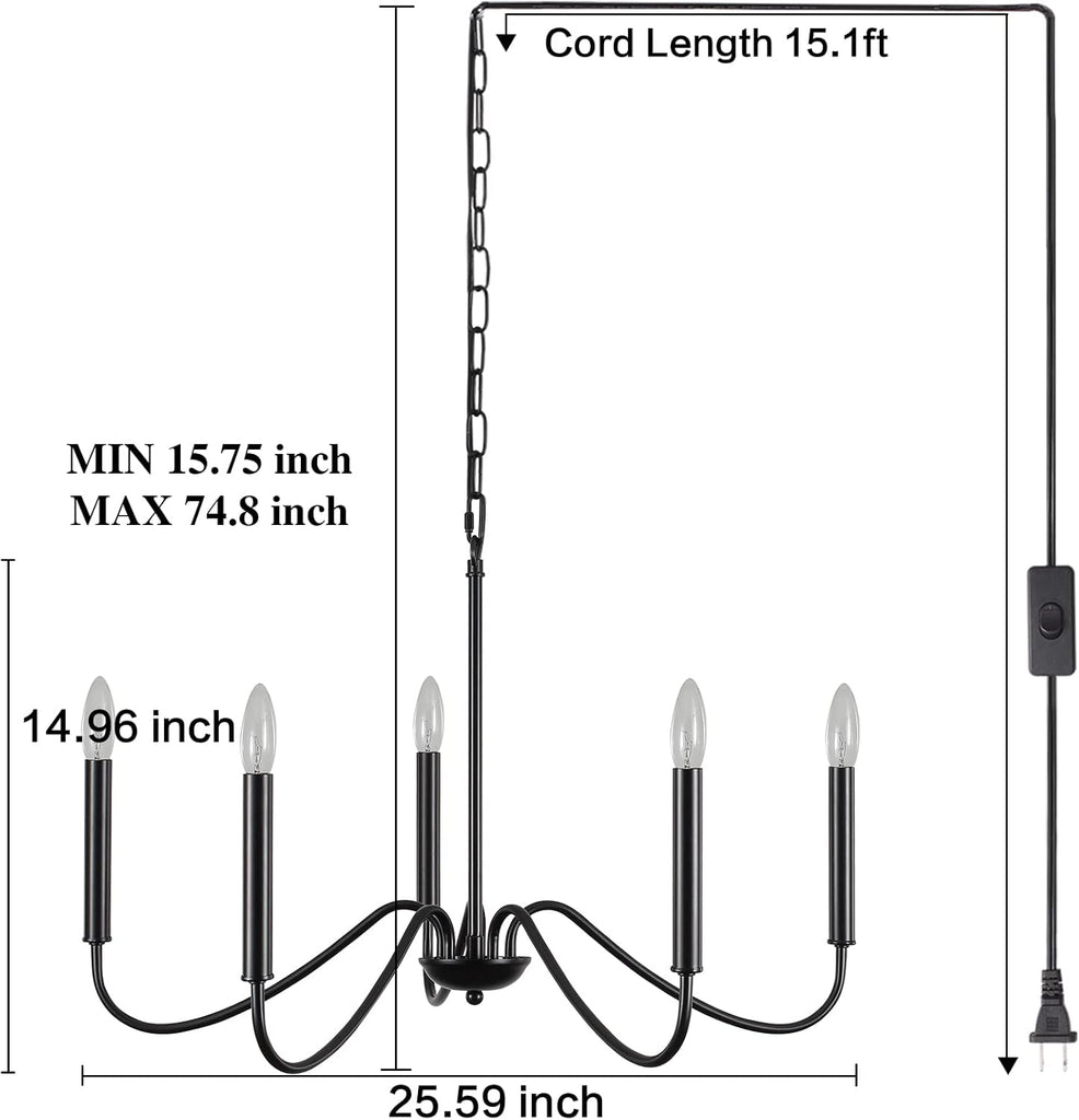 Black Plug in Chandelier Lighting with Long Cord, 5 Light Farmhouse Plug in Hanging Light Fixture for Dining Room