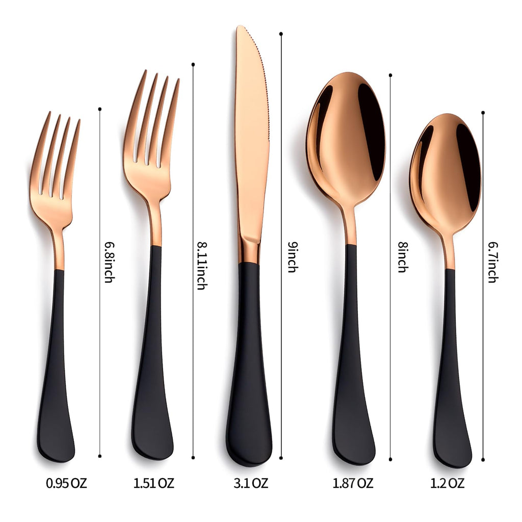 Rose Gold and Black Silverware Sets for 4,Black Handle Stainless Steel Cutlery Set, Include Forks Spoons