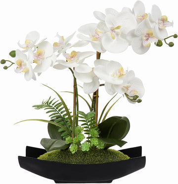 Orchid Artificial Flowers 15in White Fake Orchid Silk Flowers with Black Pot Faux Phalaenopsis Arrangement Room Table