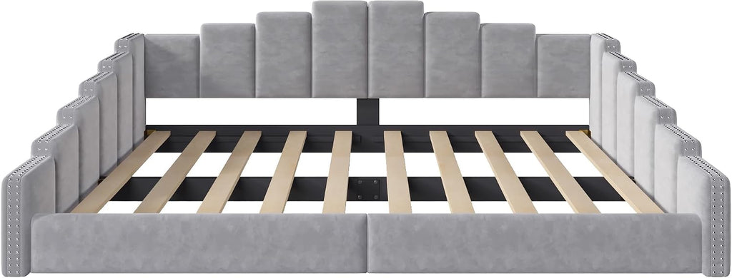 Upholstered Queen Size Daybed with Nailhead Trim, Velvet Platform Bed Frame, No Box Spring Needed, Gray | Velvet