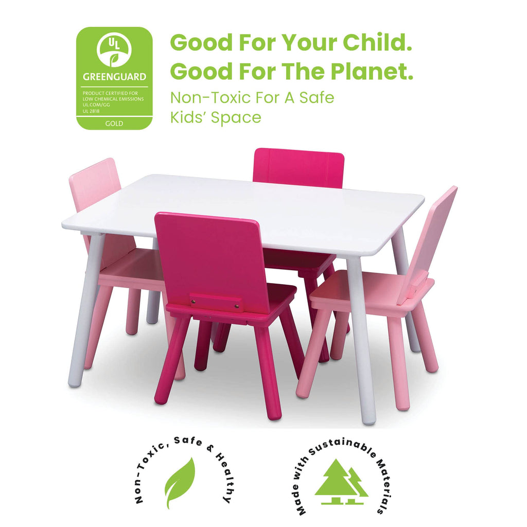 Children Kids Table and Chair Set (4 Chairs Included), White/Pink
