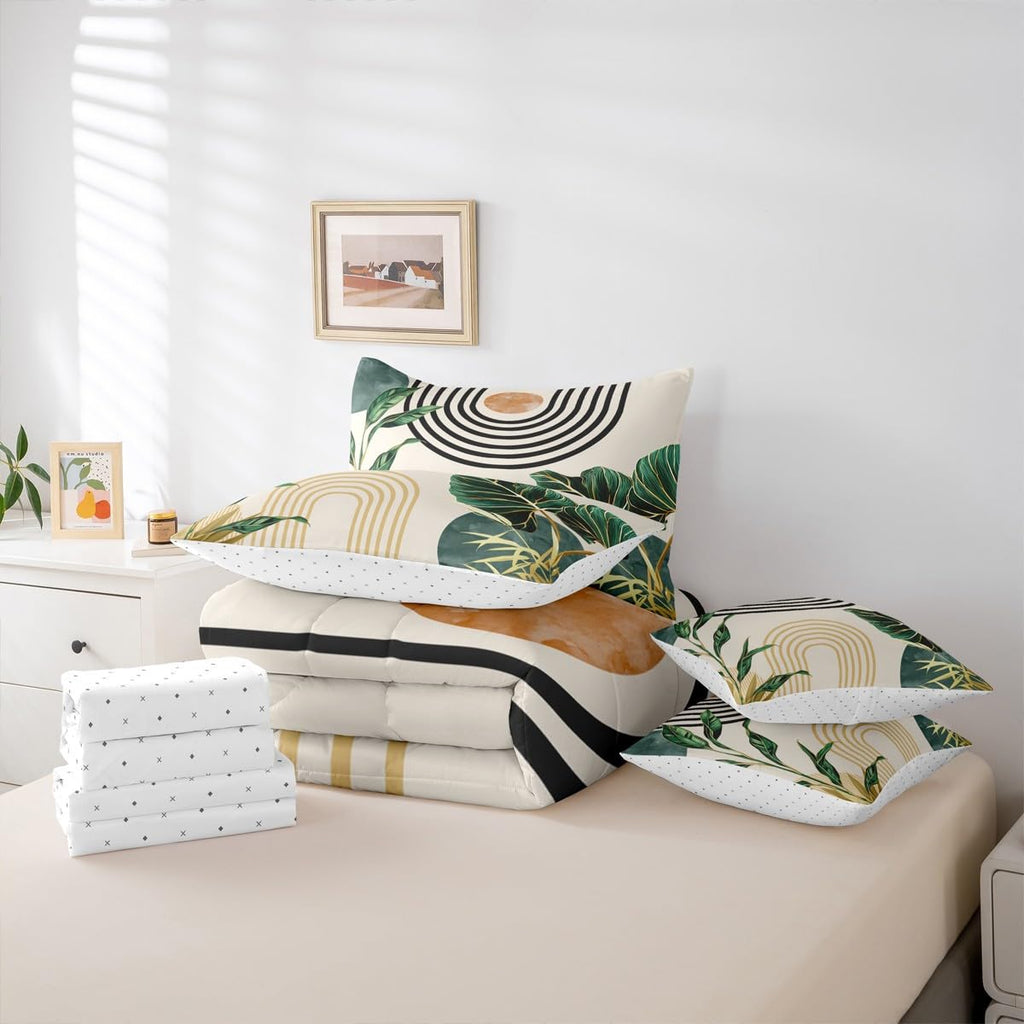 7 Pcs Mid Century Boho Comforter Set Queen Size Abstract Art Simple Bedding Sets, Minimalist Tropical Palm Leaves Bed