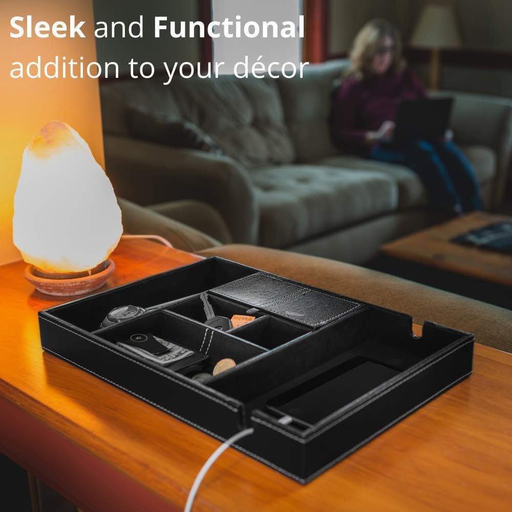 Valet Tray for Men, Nightstand Organizer, Entry Table Organizer, Catch All, Black Faux Leather Box, 6 Compartments