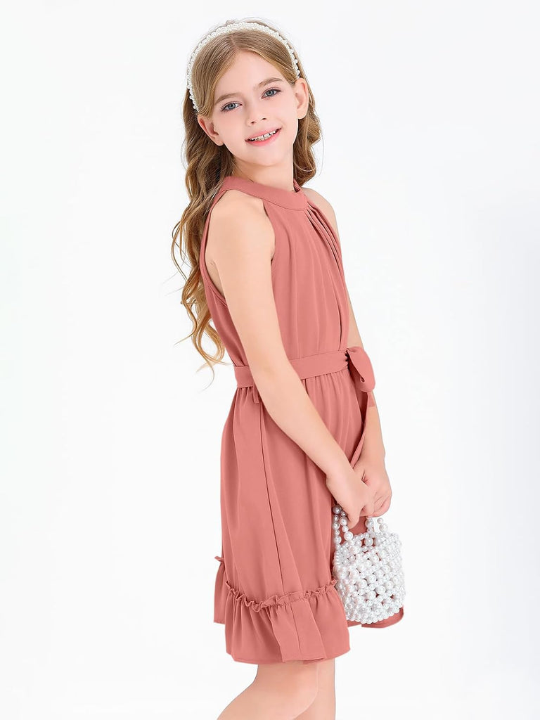 Girl's Halter Summer Dress Tween Tie Waist Pleated Dresses