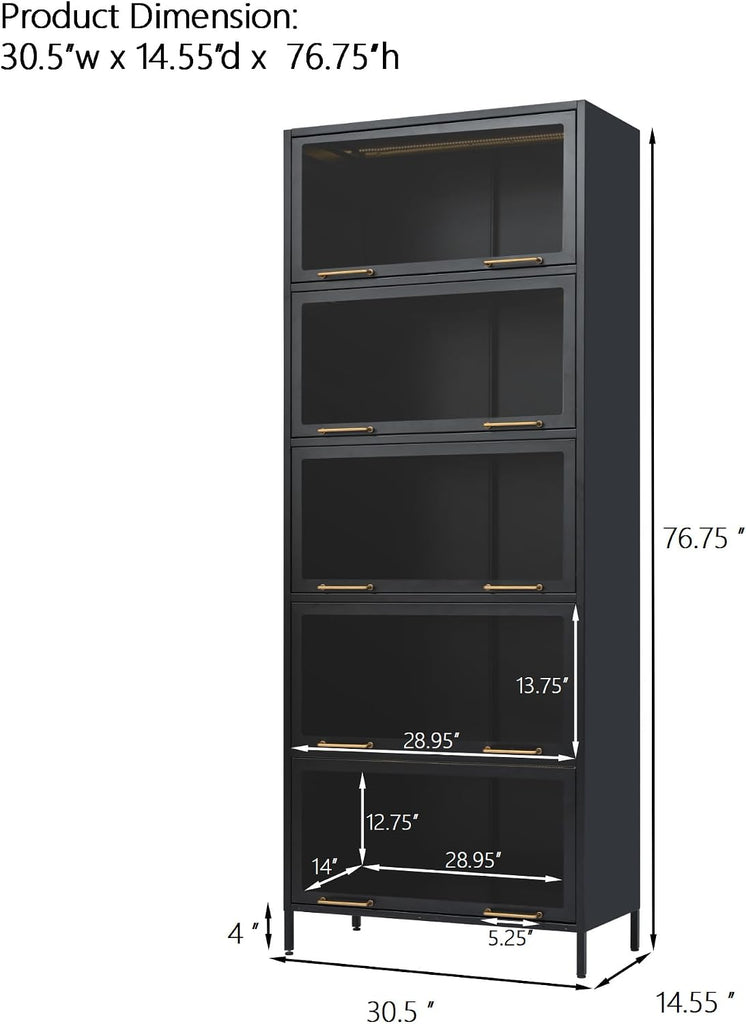 76.75'' Tall 5-Tier Iron Barrister Bookcase, Display Cabinet with LED Strips, Flip-Up Slide-In Glass Doors & Vintage