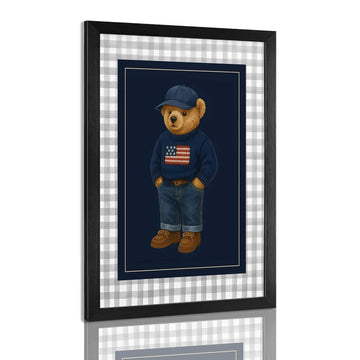 Navy Teddy Bear Canvas Wall Art Funny Bear In A Sweater Poster Preppy Lattice Abstract Animal Aesthetic Prints