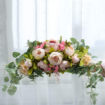 Artificial Peony Flower Swag, 30 Inch Decorative Front Door Lintel Swag with Peonies and Eucalyptus Leaves for