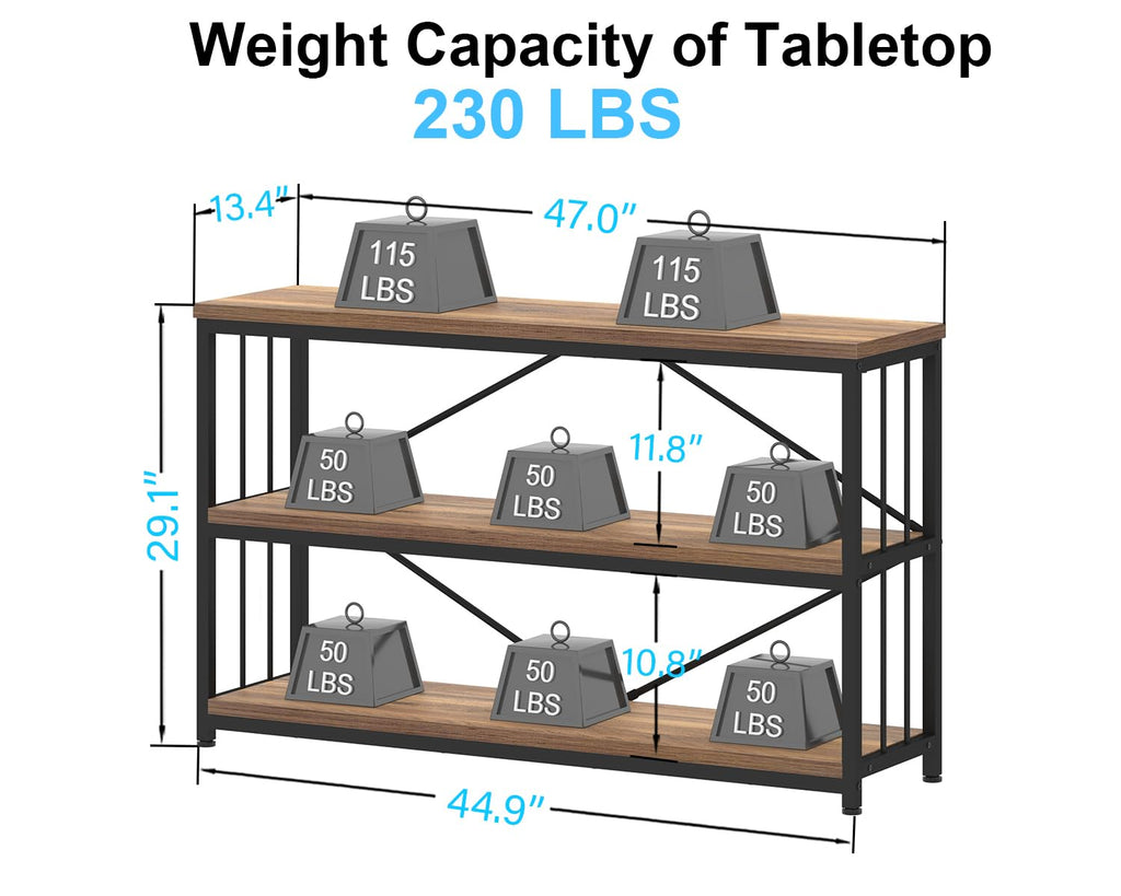 3 Tier Bookshelf, Industrial Wide Horizontal Bookcase Rustic Oak 47 in