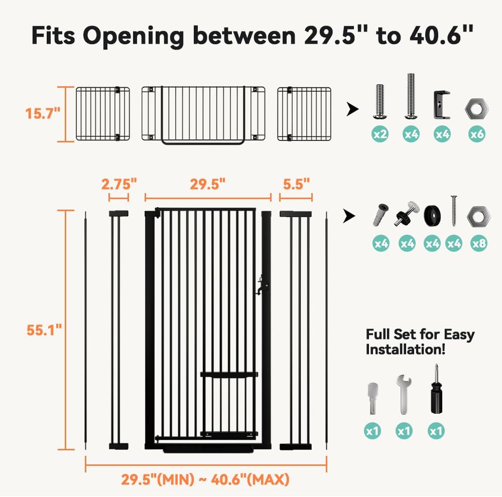 71" Extra Tall Pet Gate, 29.5-40.6" Wide with Adjustable Cat Door