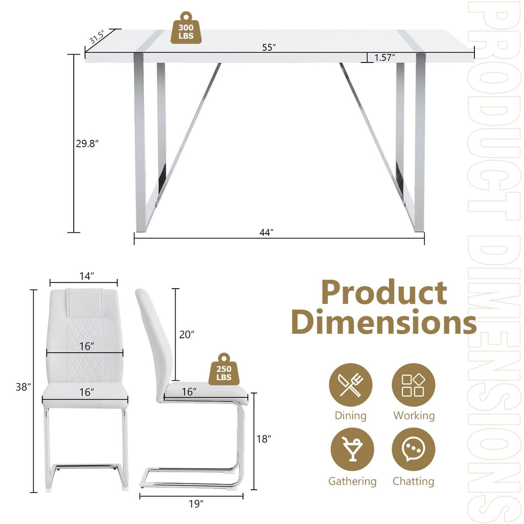 55'' White Dining Table Set for 6, Dining Tabletop and Silver Metal Frame, Rectangle Dining Room Table with 6 White