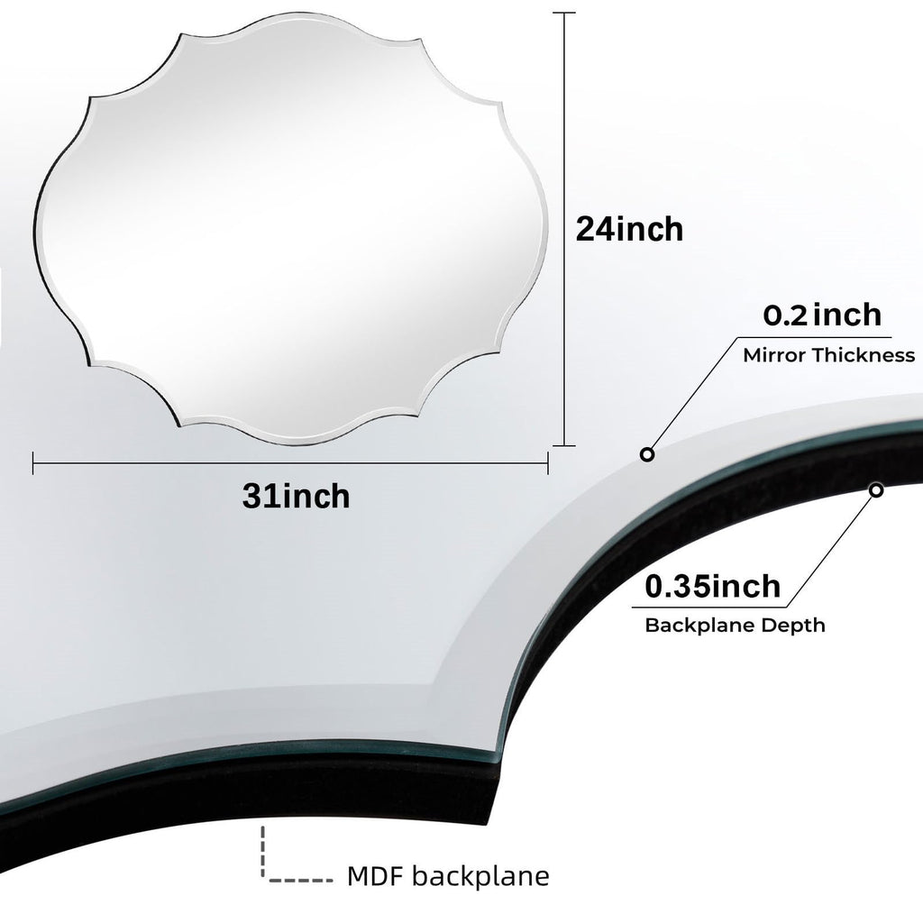24x31 Frameless Oval Wall Beveled Scalloped Silver Wall with MDF Backplane Over Bathroom Sink for Vanity, Bedroom or