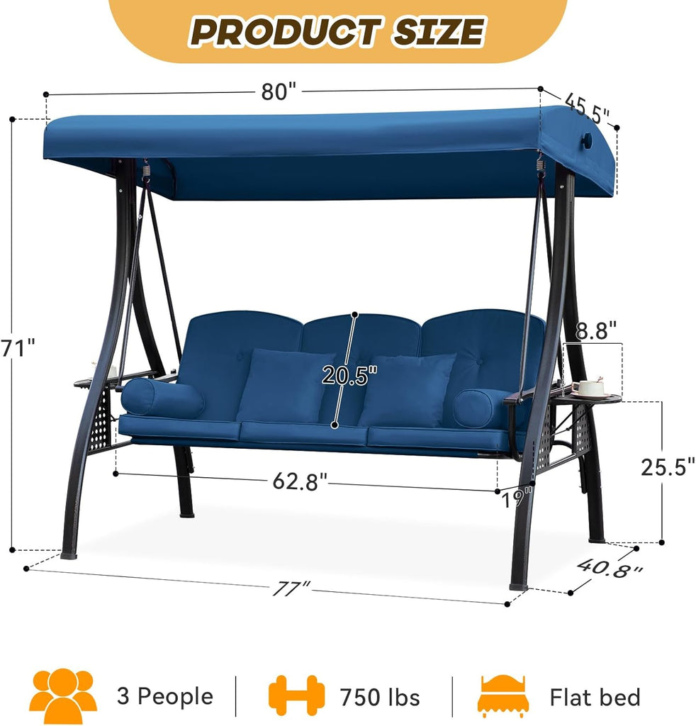 3 in 1 Outdoor Porch Swing with Adjustable Canopy, 3 Seat Outdoor Swing for Adults, Patio Swing Chair with Thickened