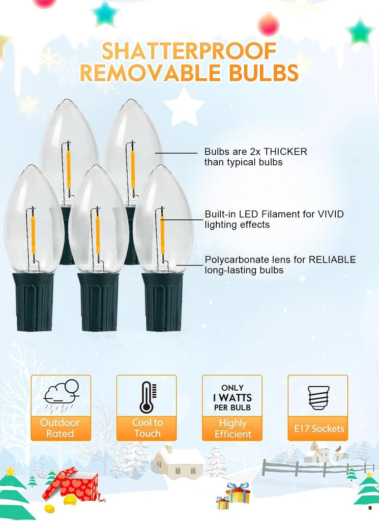 C9 LED Christmas String Lights Outdoor, 100FT 100+4 LED 2700K Warm White Waterproof C9 String Lights, Plug-in