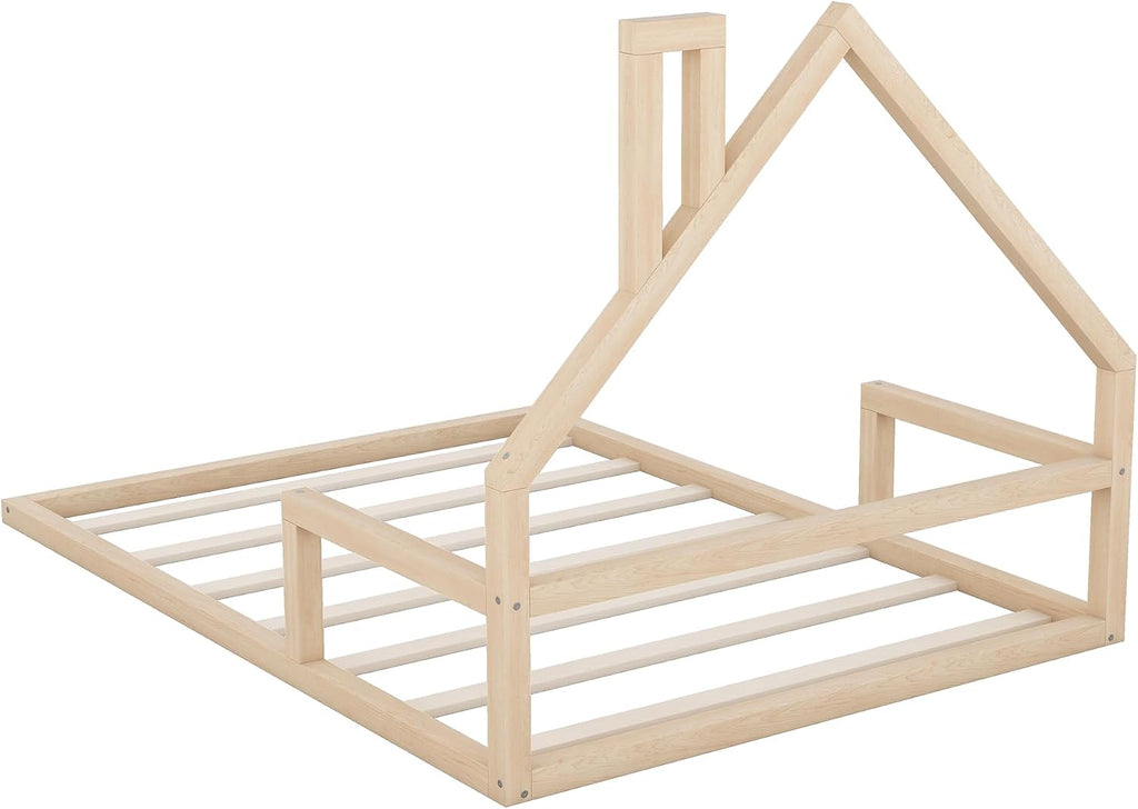 Full Size Wood Floor Bed with House-Shaped Headboard, Wooden Platform Bed Frame, No Box Spring Required