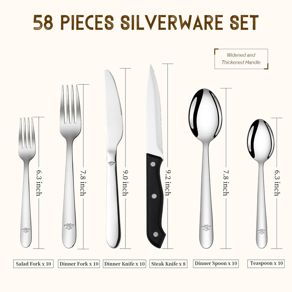 58 Piece Silverware Set, Premium Cutlery Set Service for 10