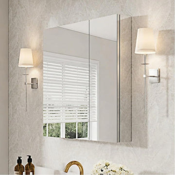 30" x 30" Bathroom Medicine Cabinet, Anodized Chrome Aluminum Frame, Medicine Cabinet with Adjustable Glass Shelves
