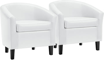 Accent Chairs, Faux Leather Barrel Armchairs White - Set of 2