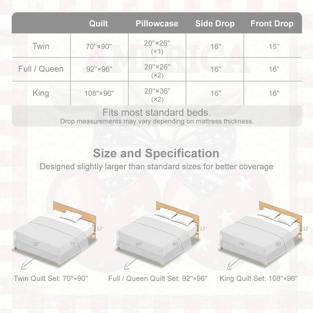 Patriotic Quilt Set with Americana Cherries and Gingham Border, Microfiber Lightweight Bedspread for Farmhouse