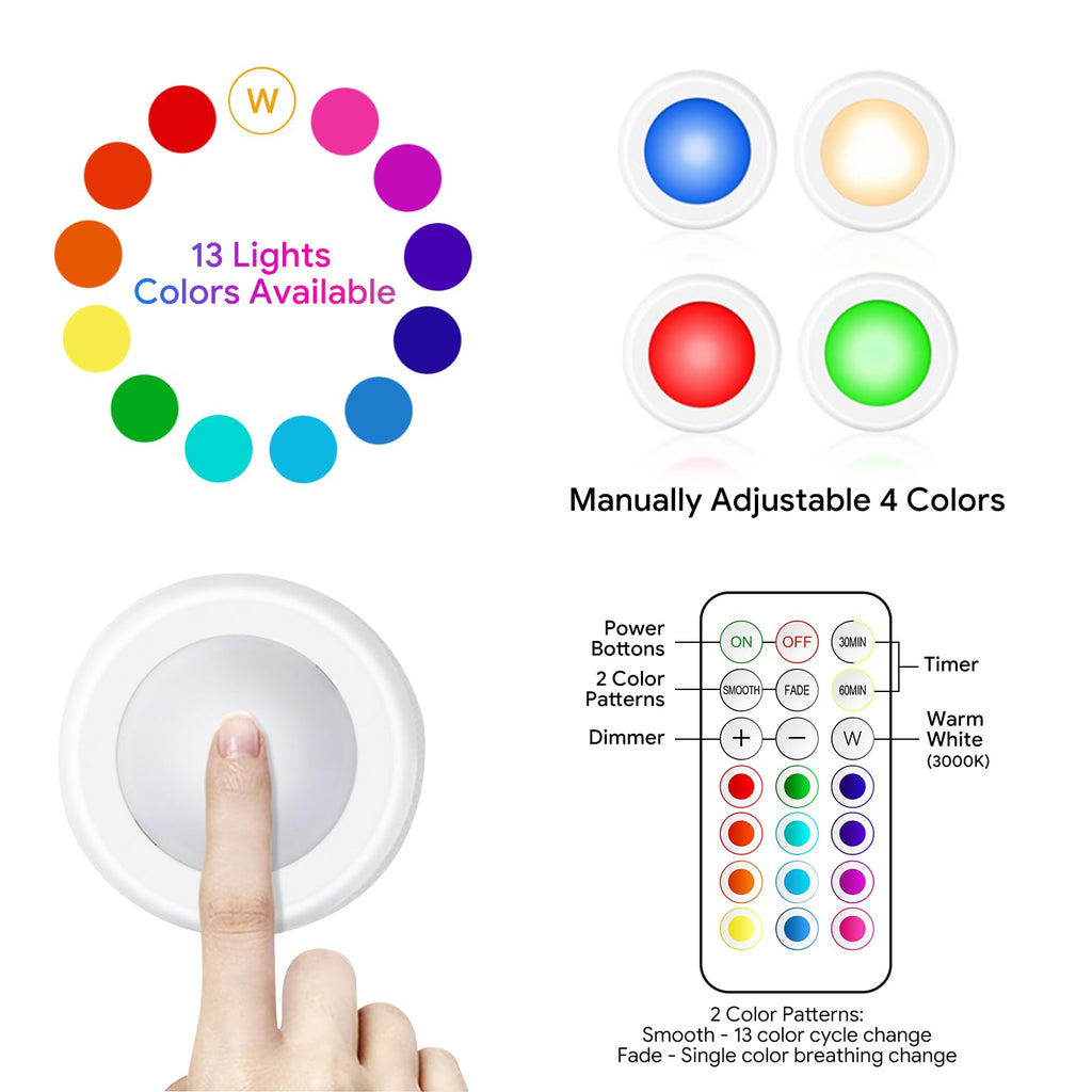 LED Puck Lights with Remote Control, AA Battery Operated, 12 Color Closet Under Cabinet Lighting, Push Tap Light