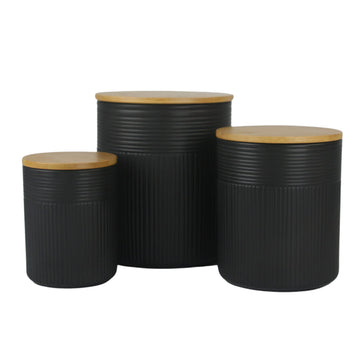 Luca Matte Black Embossed Ceramic Kitchen Canister Set, Set of 3, Bamboo Lids
